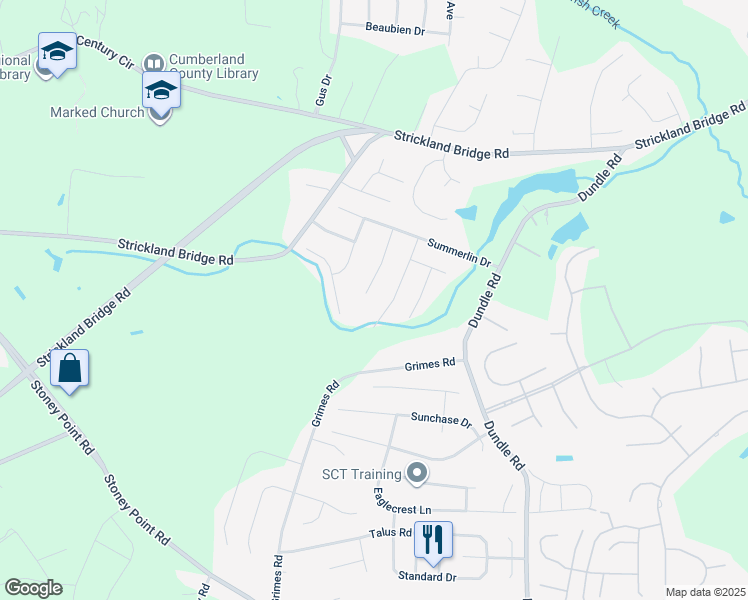 map of restaurants, bars, coffee shops, grocery stores, and more near 2945 Bakers Mill Road in Fayetteville