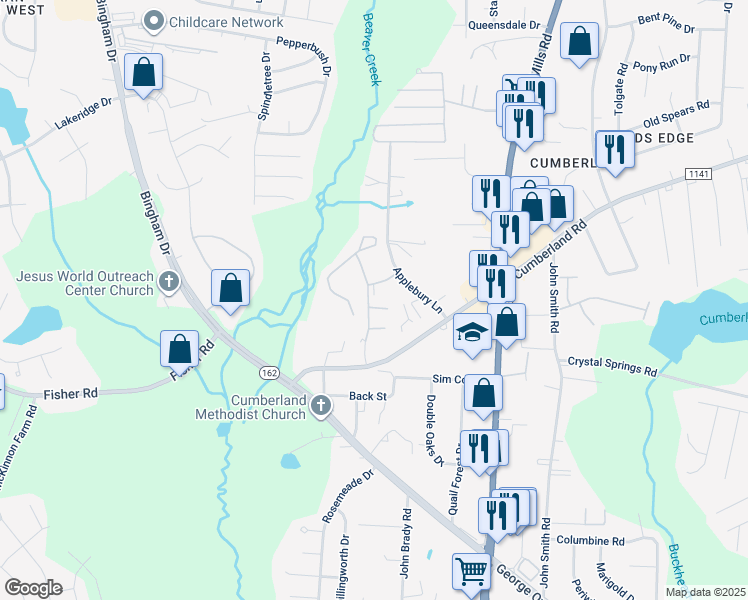 map of restaurants, bars, coffee shops, grocery stores, and more near 2545 Cumberland Creek Drive in Fayetteville