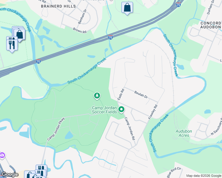 map of restaurants, bars, coffee shops, grocery stores, and more near 6740 Jordan Run Road in Chattanooga