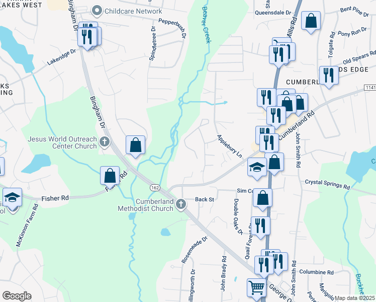 map of restaurants, bars, coffee shops, grocery stores, and more near 2354 Cumberland Gap Drive in Fayetteville