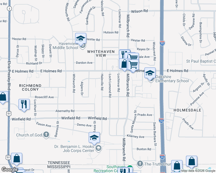 map of restaurants, bars, coffee shops, grocery stores, and more near 5273 Loch Lomond Road in Memphis