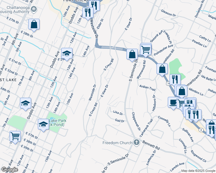 map of restaurants, bars, coffee shops, grocery stores, and more near 430 East View Drive in Chattanooga