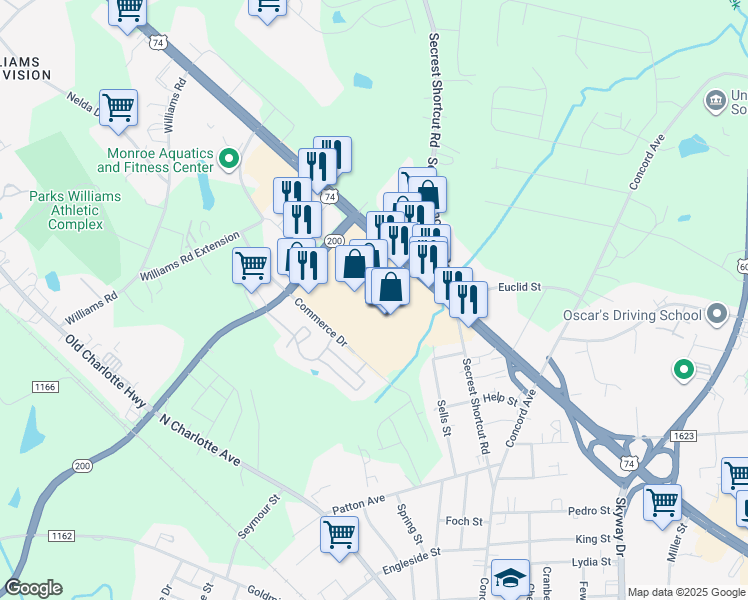 map of restaurants, bars, coffee shops, grocery stores, and more near 2115 West Roosevelt Boulevard in Monroe