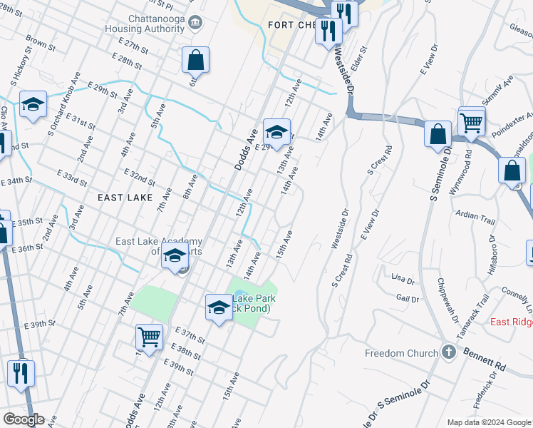 map of restaurants, bars, coffee shops, grocery stores, and more near 3102 13th Avenue in Chattanooga