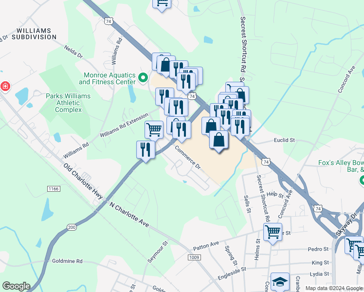 map of restaurants, bars, coffee shops, grocery stores, and more near 2166 Commerce Drive in Monroe