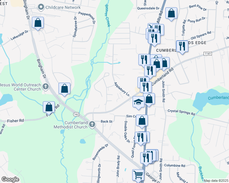 map of restaurants, bars, coffee shops, grocery stores, and more near 2311 Cumberland Bay Drive in Fayetteville