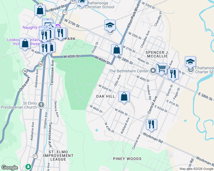 map of restaurants, bars, coffee shops, grocery stores, and more near 4221 Ohls Avenue in Chattanooga