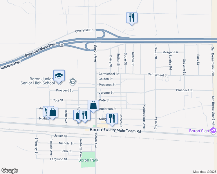 map of restaurants, bars, coffee shops, grocery stores, and more near 27104 Prospect Street in Boron