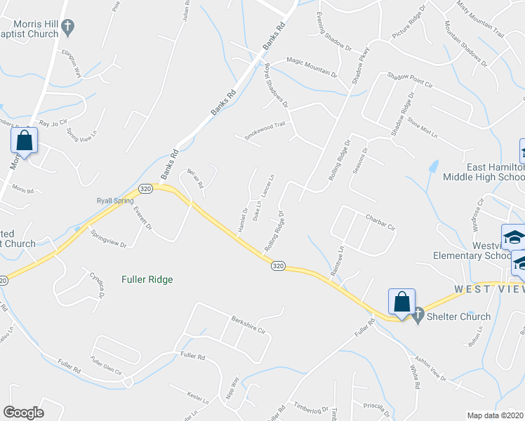 map of restaurants, bars, coffee shops, grocery stores, and more near 1614 Duke Lane in Chattanooga