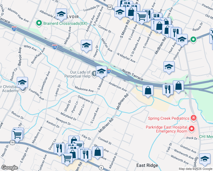 map of restaurants, bars, coffee shops, grocery stores, and more near 506 South Lovell Avenue in Chattanooga
