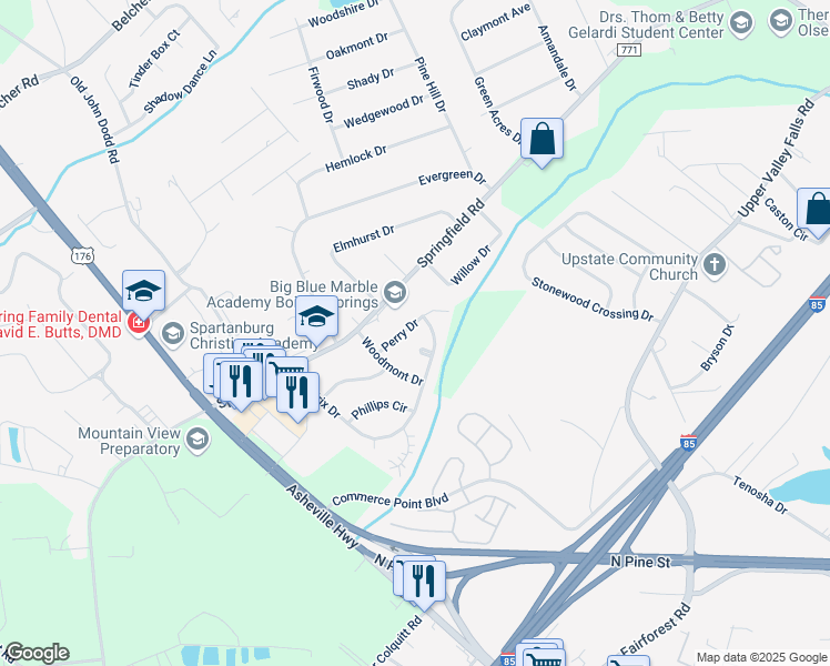 map of restaurants, bars, coffee shops, grocery stores, and more near 101 Hendrix Court in Boiling Springs