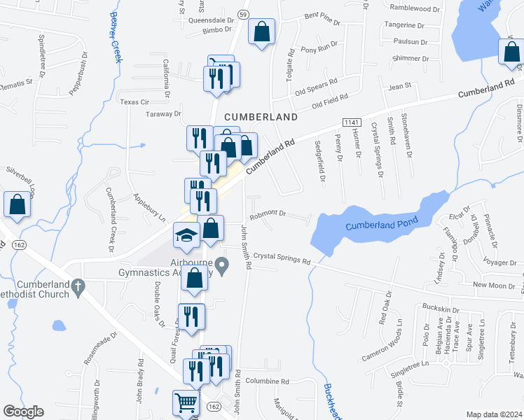 map of restaurants, bars, coffee shops, grocery stores, and more near 5566 Robmont Drive in Fayetteville