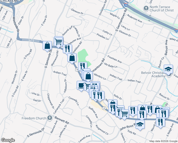 map of restaurants, bars, coffee shops, grocery stores, and more near 842 South Germantown Road in Chattanooga