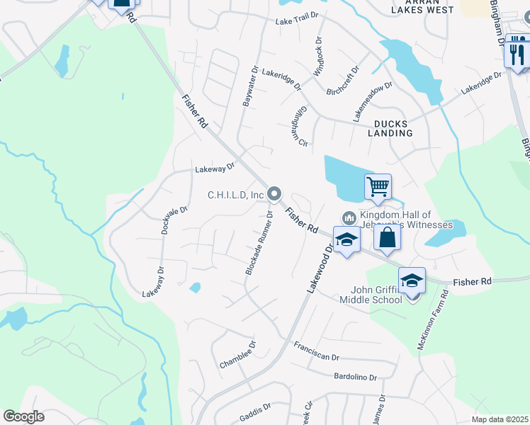 map of restaurants, bars, coffee shops, grocery stores, and more near 2900 South Bank Court in Fayetteville