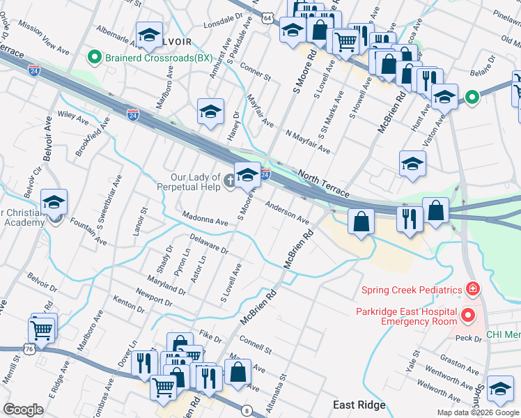 map of restaurants, bars, coffee shops, grocery stores, and more near 506 South Lovell Avenue in Chattanooga