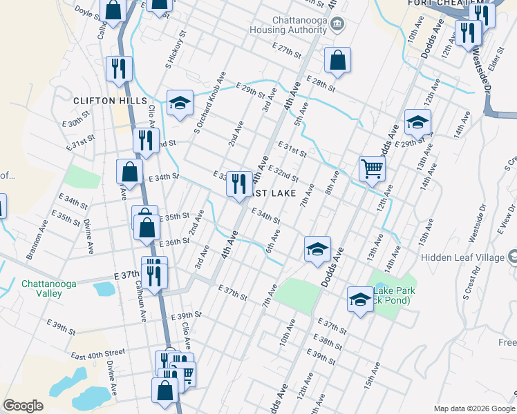 map of restaurants, bars, coffee shops, grocery stores, and more near 2300 East 34th Street in Chattanooga