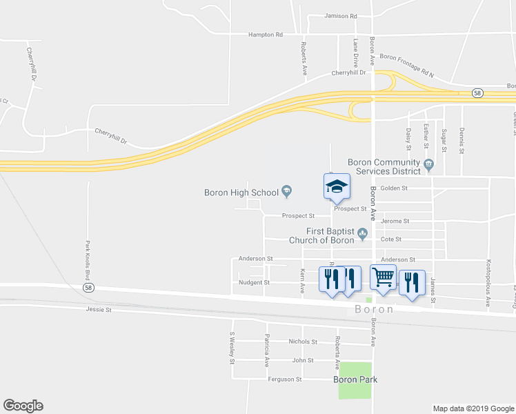 map of restaurants, bars, coffee shops, grocery stores, and more near 26601 Prospect Street in Boron