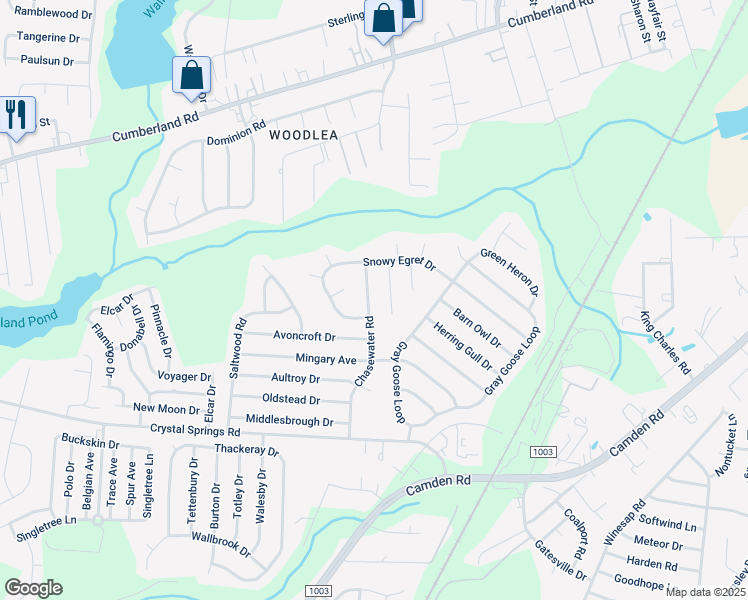 map of restaurants, bars, coffee shops, grocery stores, and more near 2233 Chasewater Road in Fayetteville