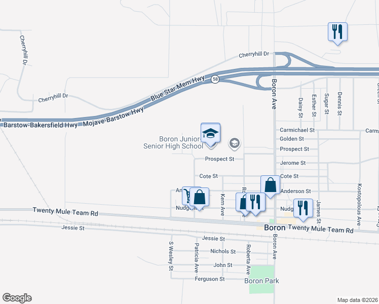 map of restaurants, bars, coffee shops, grocery stores, and more near 26601 Prospect Street in Boron