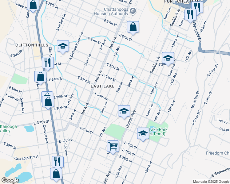 map of restaurants, bars, coffee shops, grocery stores, and more near 3225 7th Avenue in Chattanooga
