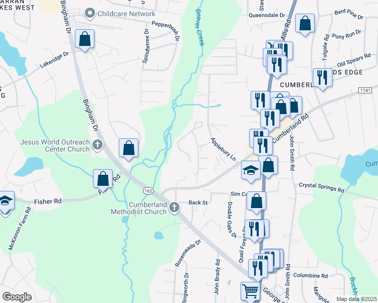 map of restaurants, bars, coffee shops, grocery stores, and more near 2355 Cumberland Creek Drive in Fayetteville