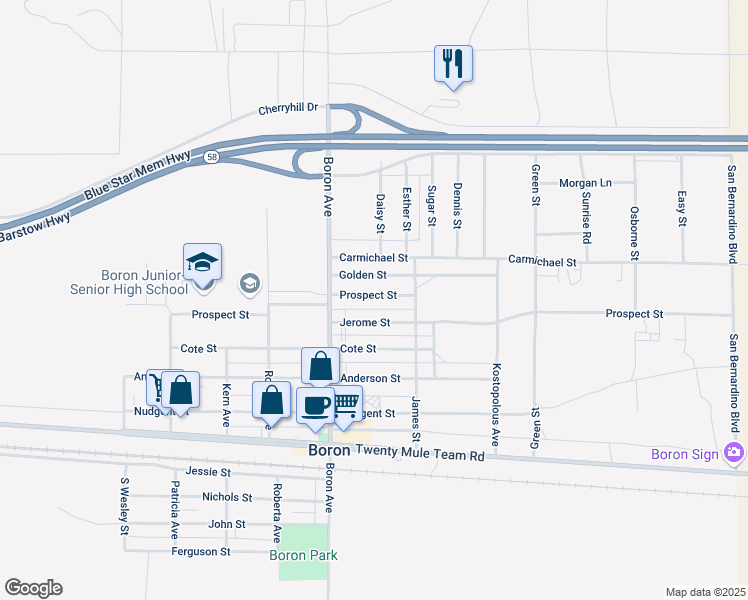 map of restaurants, bars, coffee shops, grocery stores, and more near 27104 Prospect Street in Boron