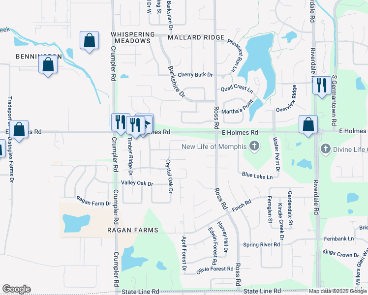 map of restaurants, bars, coffee shops, grocery stores, and more near 6620 East Crystal Oak Cove in Memphis