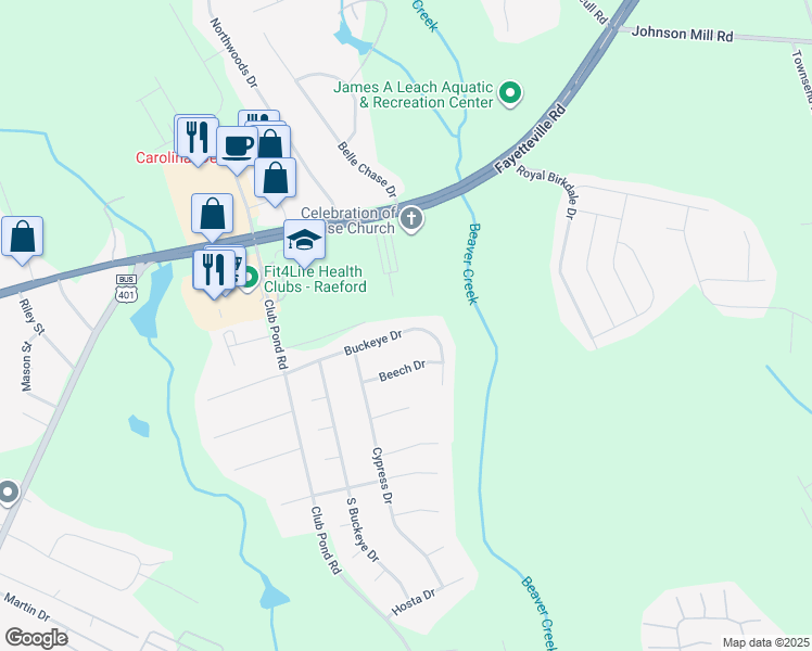 map of restaurants, bars, coffee shops, grocery stores, and more near 317 Buckeye Drive in Raeford