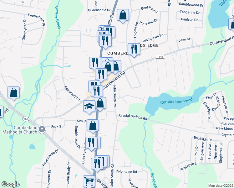 map of restaurants, bars, coffee shops, grocery stores, and more near 2621 Burke Lane in Fayetteville