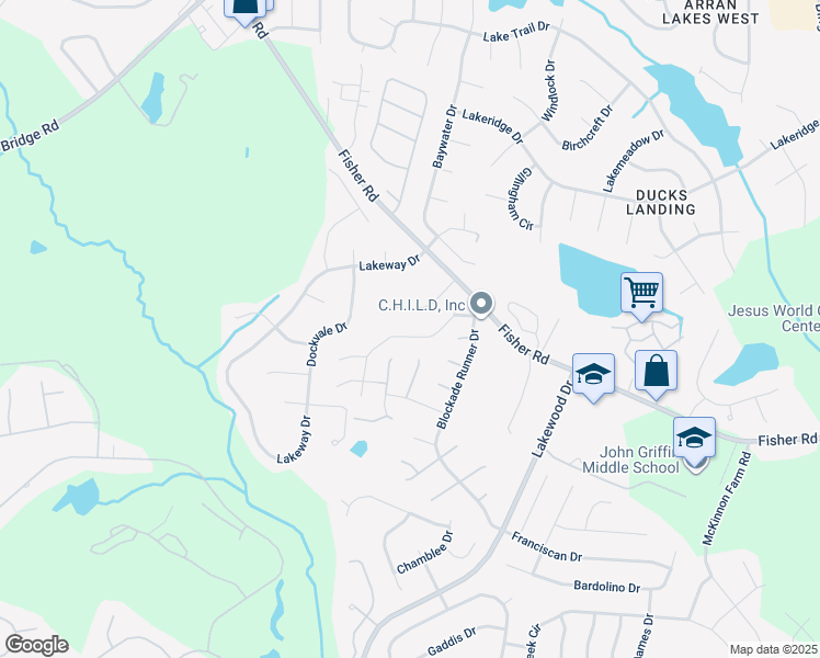 map of restaurants, bars, coffee shops, grocery stores, and more near 2736 Mosquera Drive in Fayetteville
