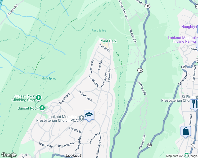 map of restaurants, bars, coffee shops, grocery stores, and more near 109 Averill Street West in Lookout Mountain