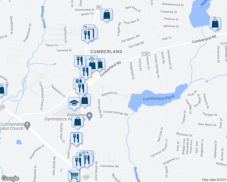 map of restaurants, bars, coffee shops, grocery stores, and more near 5548 Robmont Drive in Fayetteville