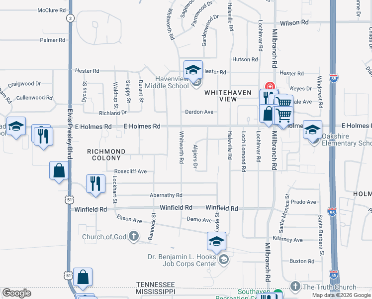 map of restaurants, bars, coffee shops, grocery stores, and more near 5264 Whitworth Street in Memphis
