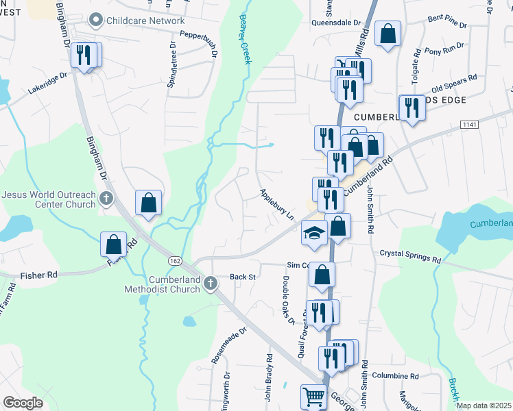 map of restaurants, bars, coffee shops, grocery stores, and more near 2313 Cumberland Bay Drive in Fayetteville