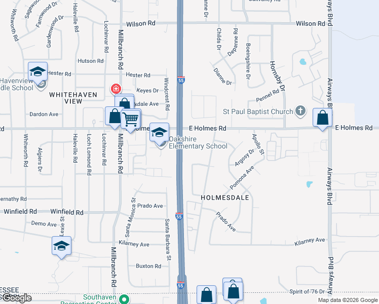 map of restaurants, bars, coffee shops, grocery stores, and more near 1857 East Holmes Road in Memphis
