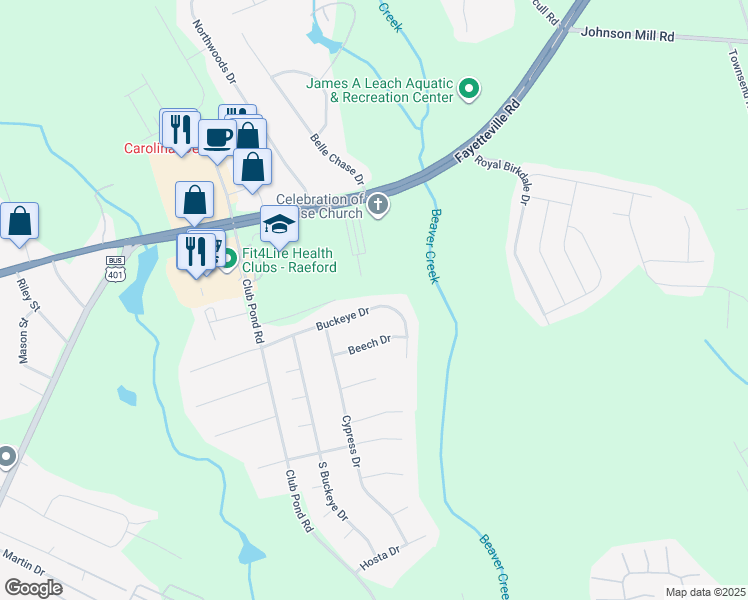 map of restaurants, bars, coffee shops, grocery stores, and more near 317 Buckeye Drive in Raeford