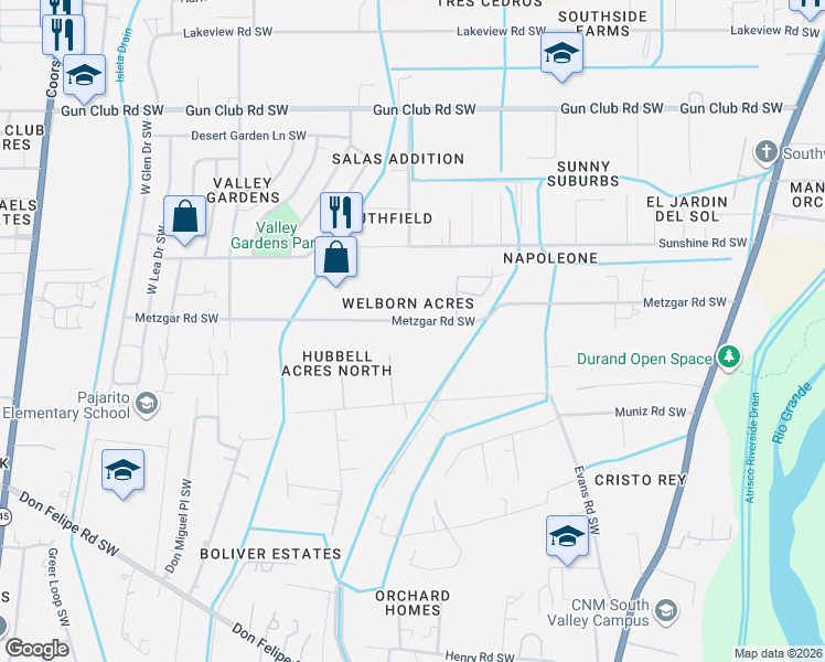 map of restaurants, bars, coffee shops, grocery stores, and more near 2401 Metzgar Road Southwest in Albuquerque