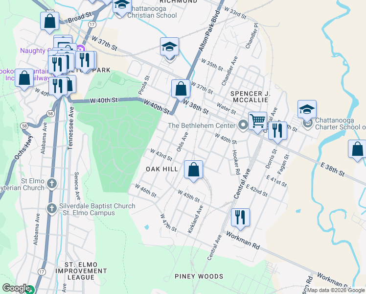 map of restaurants, bars, coffee shops, grocery stores, and more near 3920 Ohls Avenue in Chattanooga