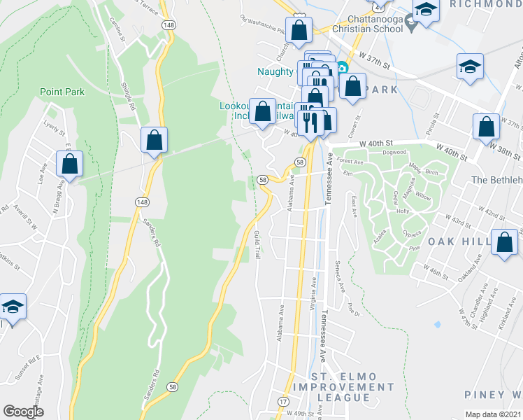 map of restaurants, bars, coffee shops, grocery stores, and more near 301 Ochs Highway in Chattanooga