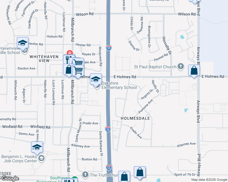 map of restaurants, bars, coffee shops, grocery stores, and more near 1857 East Holmes Road in Memphis
