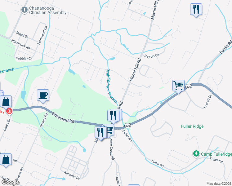 map of restaurants, bars, coffee shops, grocery stores, and more near 1515 Morris Hill Road in Chattanooga