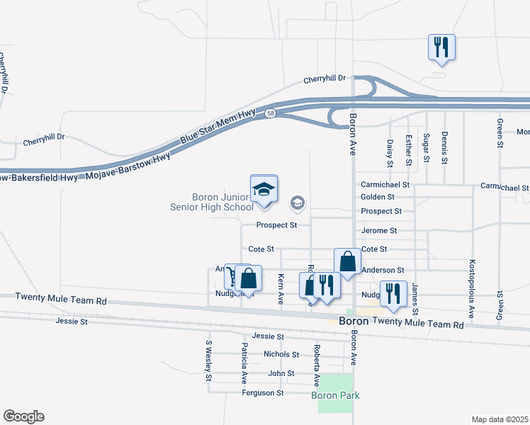 map of restaurants, bars, coffee shops, grocery stores, and more near 26831 Prospect Street in Boron