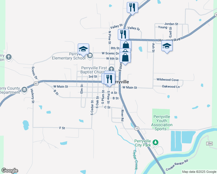 map of restaurants, bars, coffee shops, grocery stores, and more near 206 West Main Street in Perryville