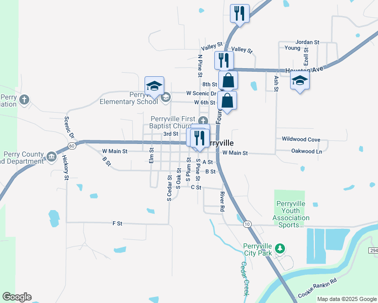 map of restaurants, bars, coffee shops, grocery stores, and more near South Plum Street in Perryville