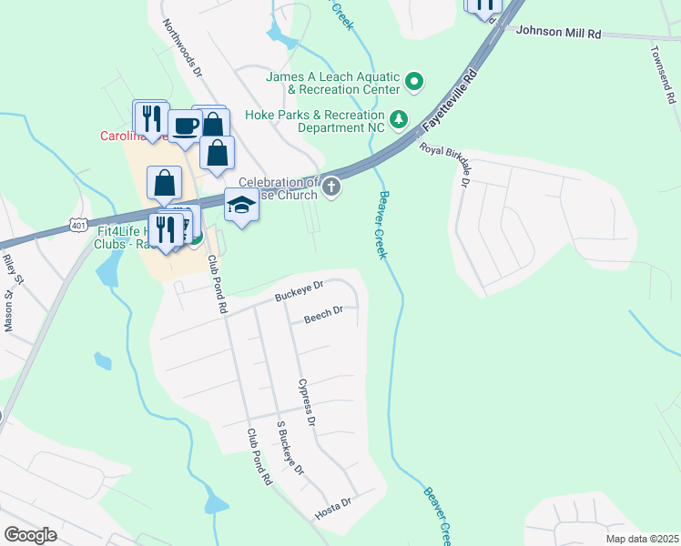 map of restaurants, bars, coffee shops, grocery stores, and more near 321 Buckeye Drive in Raeford