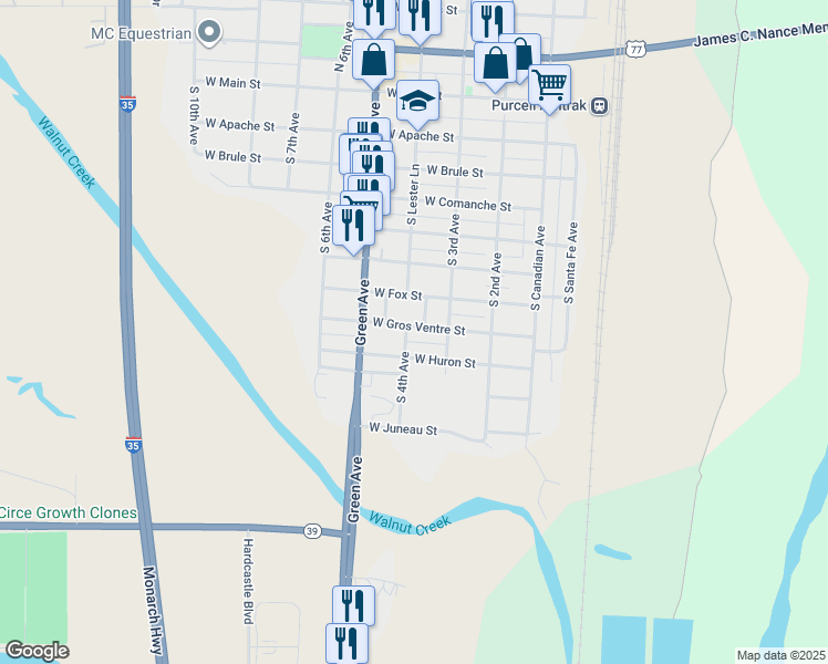 map of restaurants, bars, coffee shops, grocery stores, and more near 328 West Gros Ventre Street in Purcell