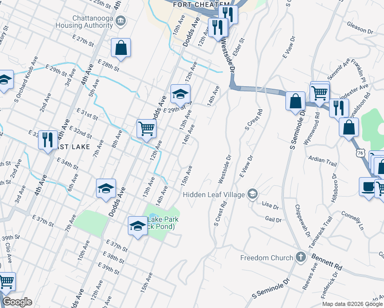 map of restaurants, bars, coffee shops, grocery stores, and more near 3001 15th Avenue in Chattanooga