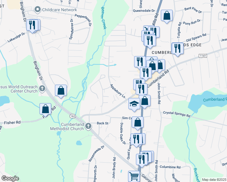 map of restaurants, bars, coffee shops, grocery stores, and more near 2309 Cumberland Bay Drive in Fayetteville