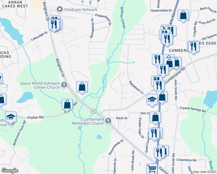 map of restaurants, bars, coffee shops, grocery stores, and more near 2342 Cumberland Gap Drive in Fayetteville