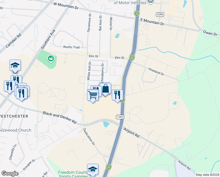map of restaurants, bars, coffee shops, grocery stores, and more near 100-198 Maple Street in Fayetteville